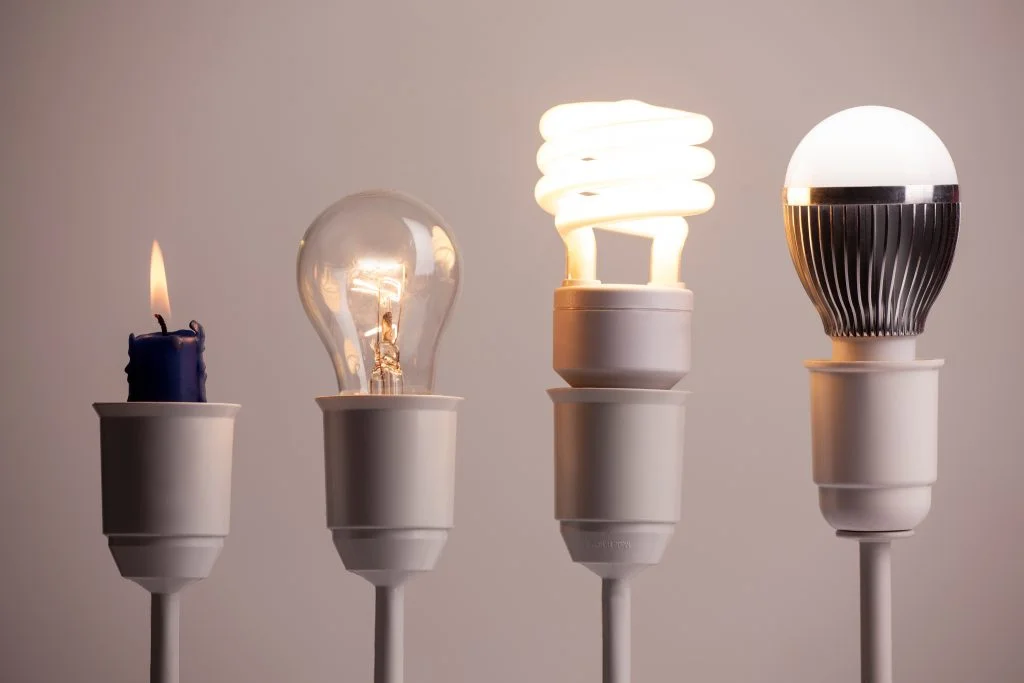 Progress of lighting with candle, tungsten, fluorescent and LED